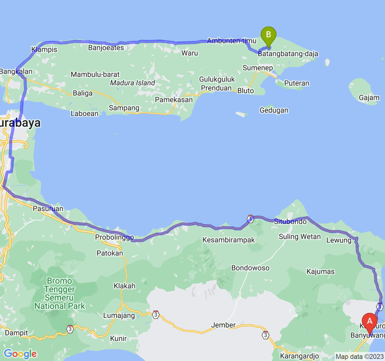 rute perjalanan Kab. Banyuwangi-Kab. Sumenep