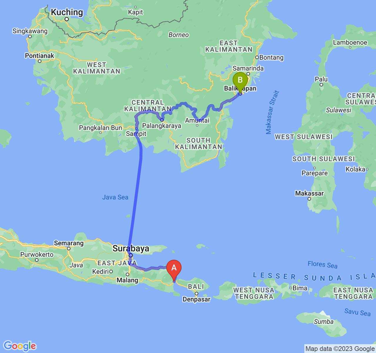 rute perjalanan Kab. Banyuwangi-Kota Balikpapan