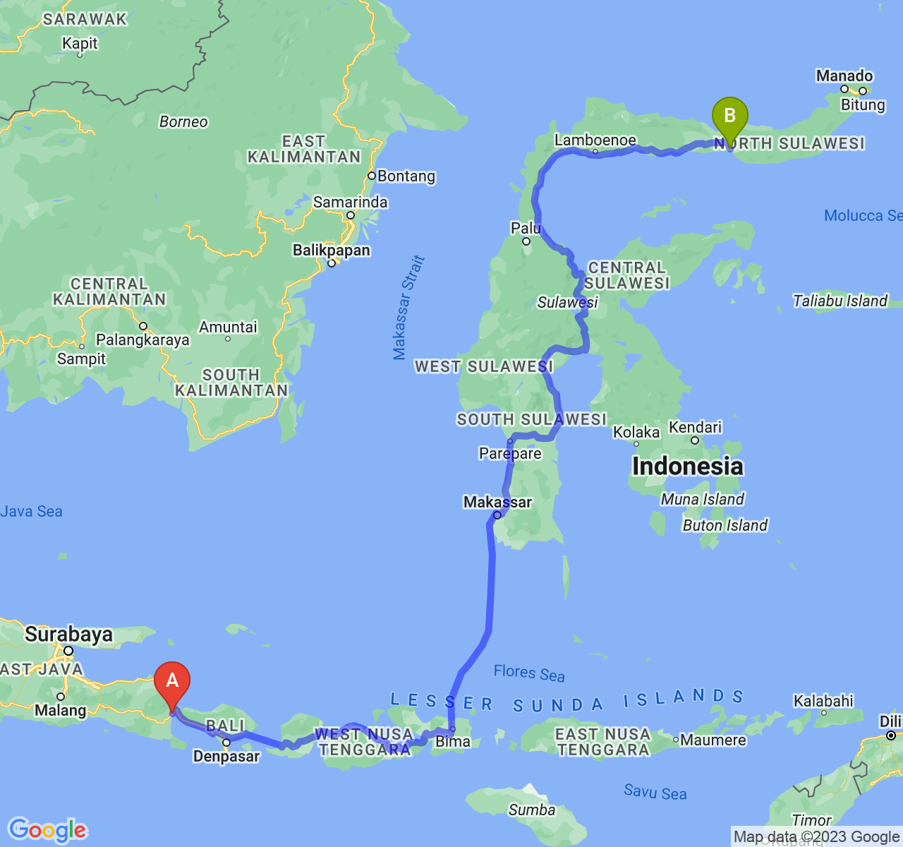 rute perjalanan Kab. Banyuwangi-Kota Gorontalo