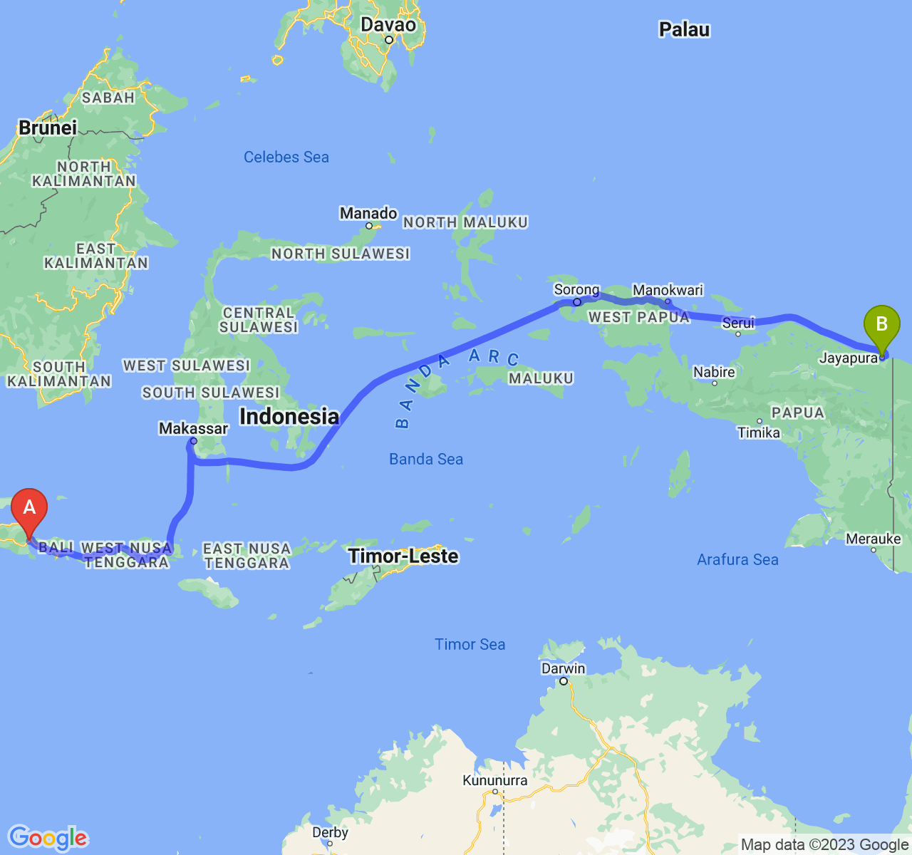 rute perjalanan Kab. Banyuwangi-Kota Jayapura