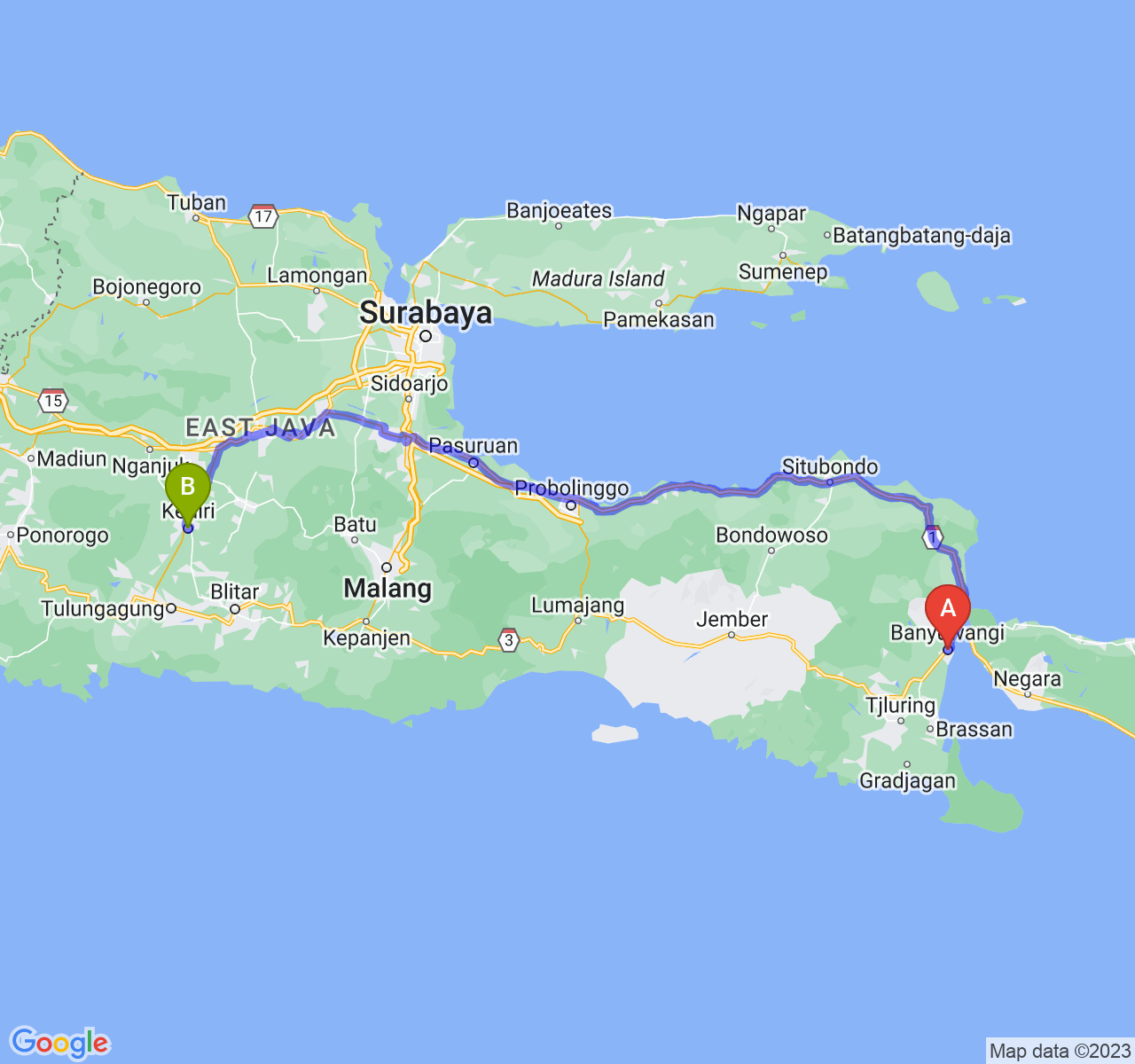 rute perjalanan Kab. Banyuwangi-Kota Kediri