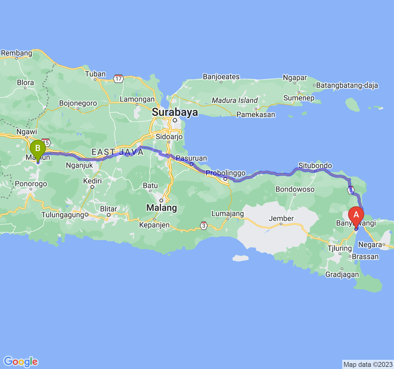 rute perjalanan Kab. Banyuwangi-Kota Madiun