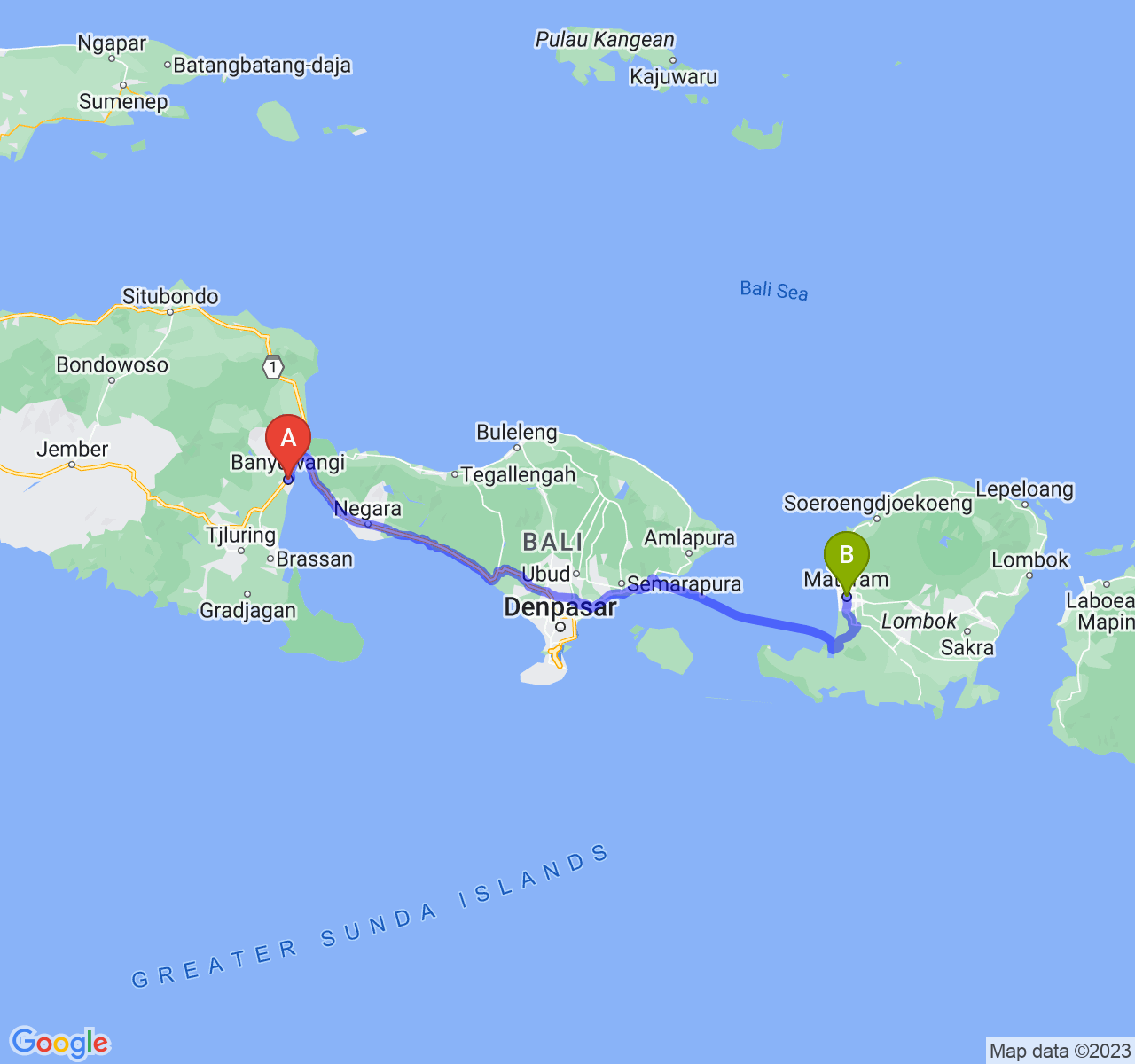 rute perjalanan Kab. Banyuwangi-Kota Mataram