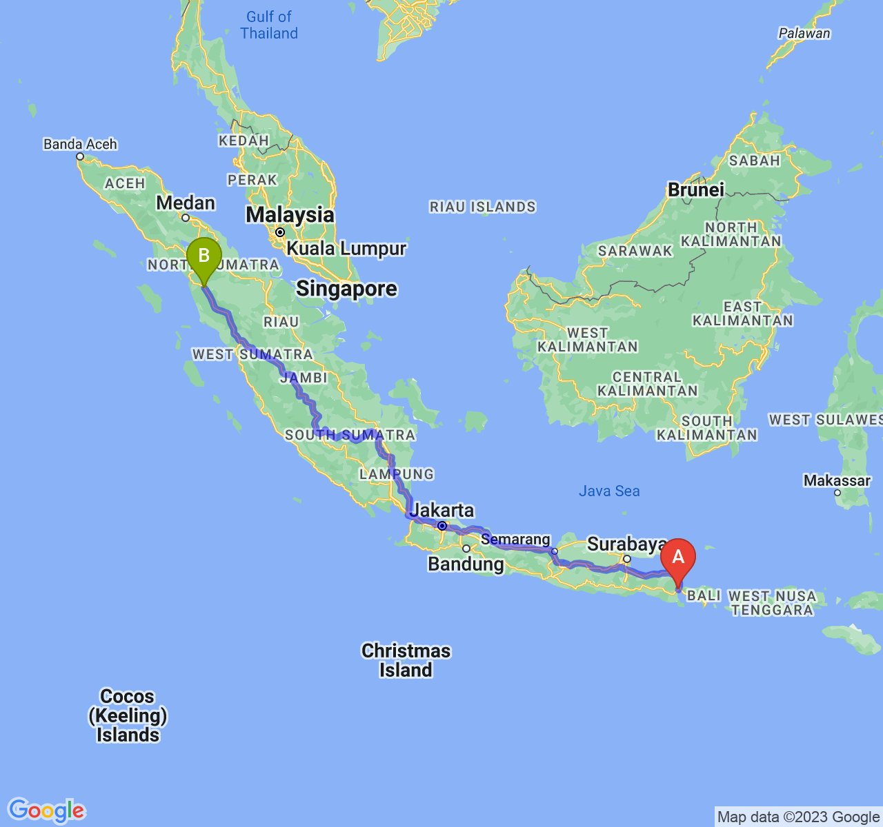 rute perjalanan Kab. Banyuwangi-Kota Padang Sidimpuan