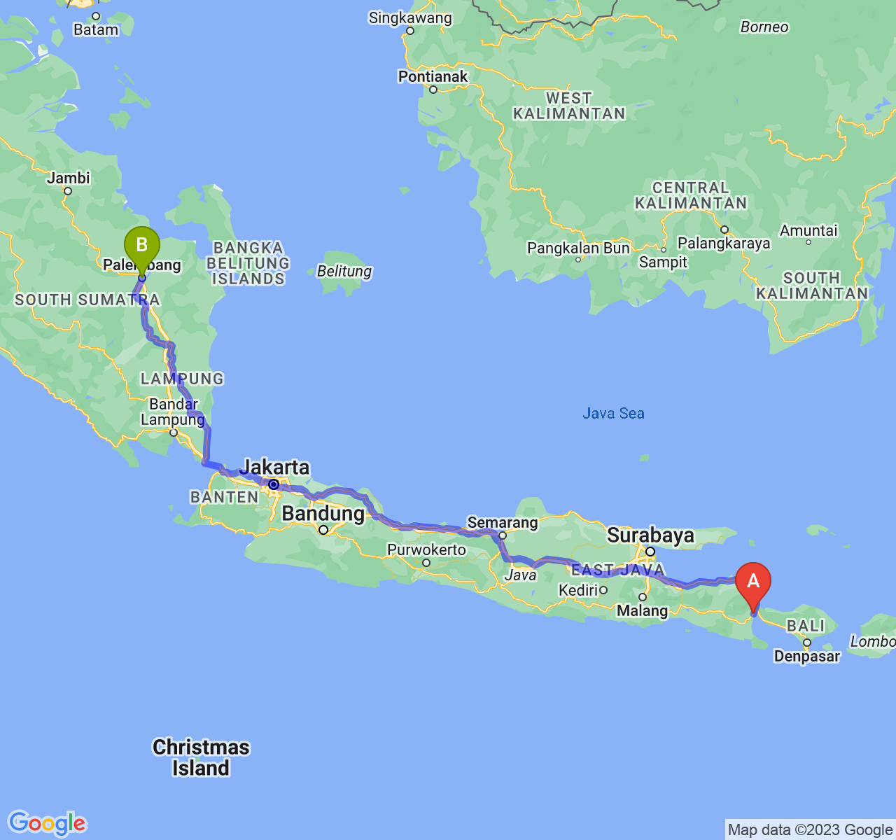 rute perjalanan Kab. Banyuwangi-Kota Palembang