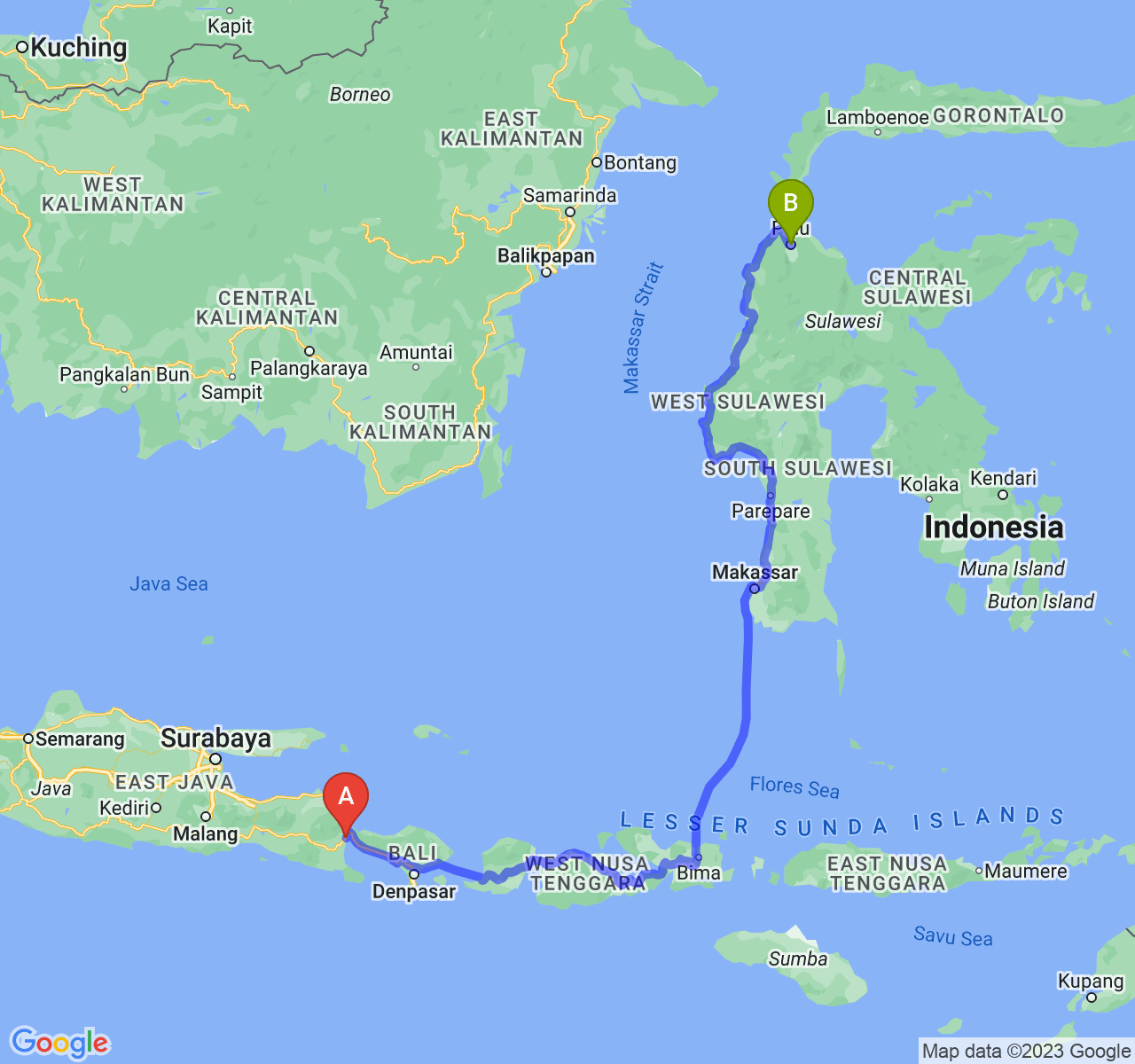 rute perjalanan Kab. Banyuwangi-Kota Palu