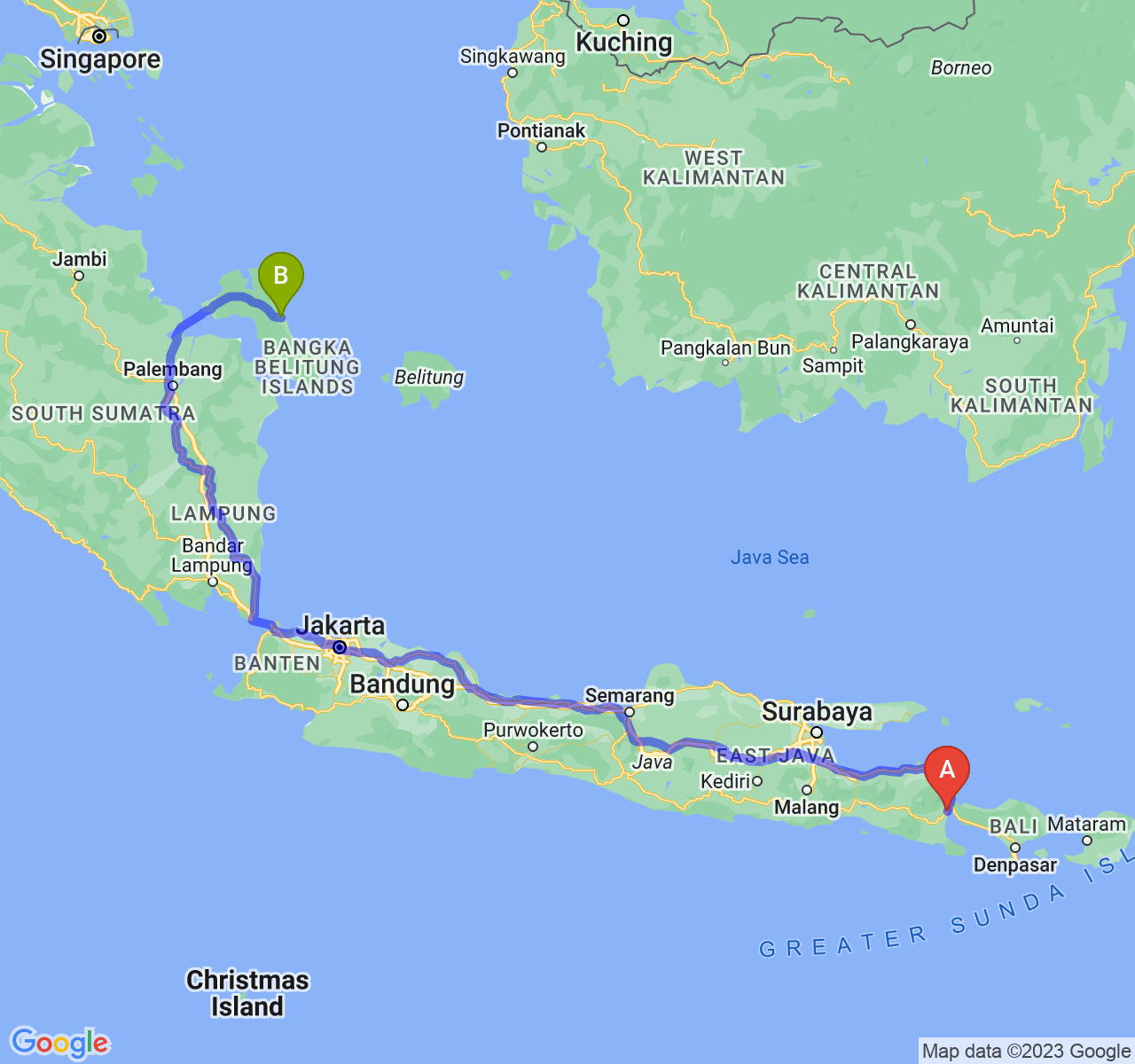 rute perjalanan Kab. Banyuwangi-Kota Pangkalpinang