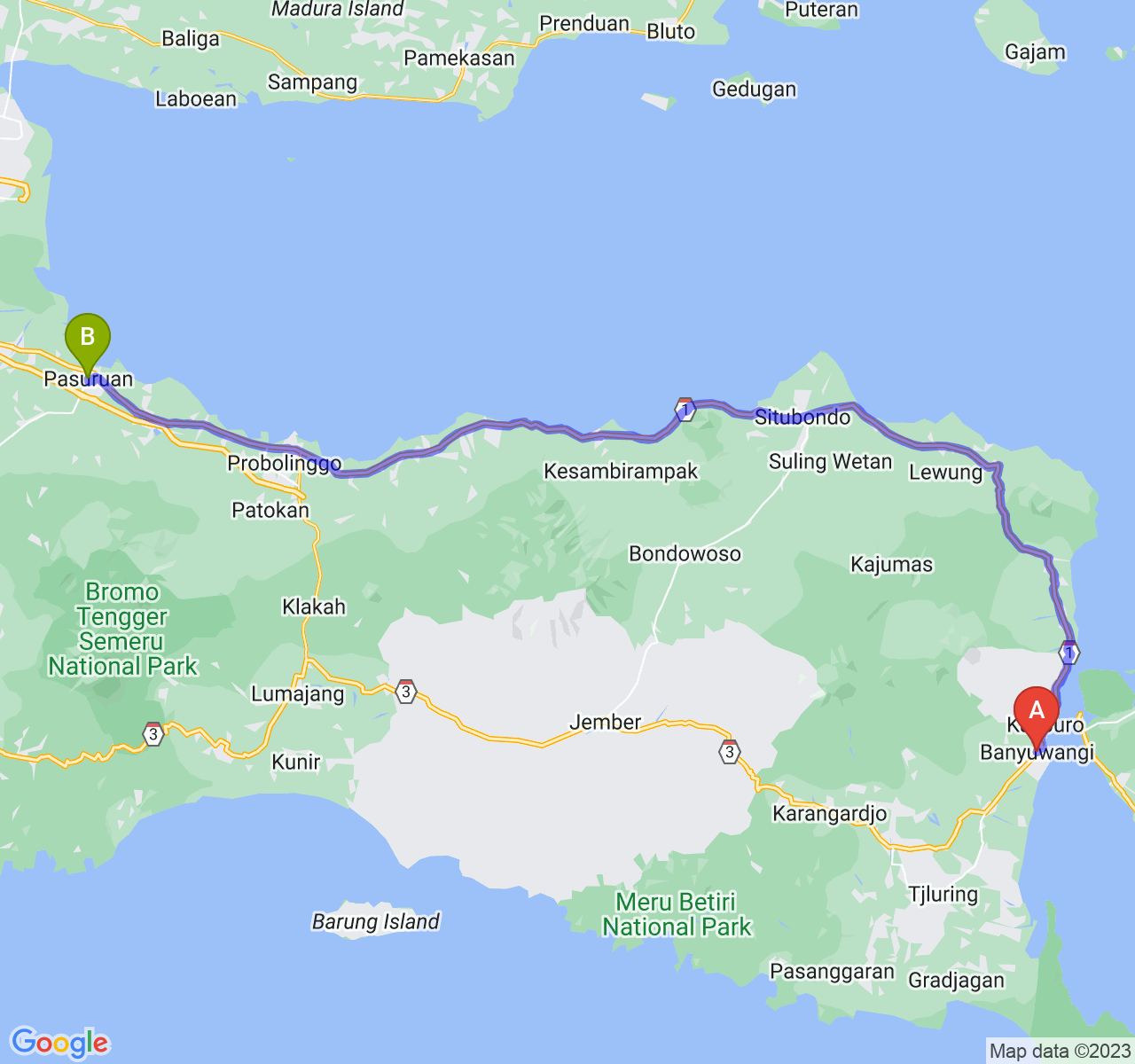 rute perjalanan Kab. Banyuwangi-Kota Pasuruan