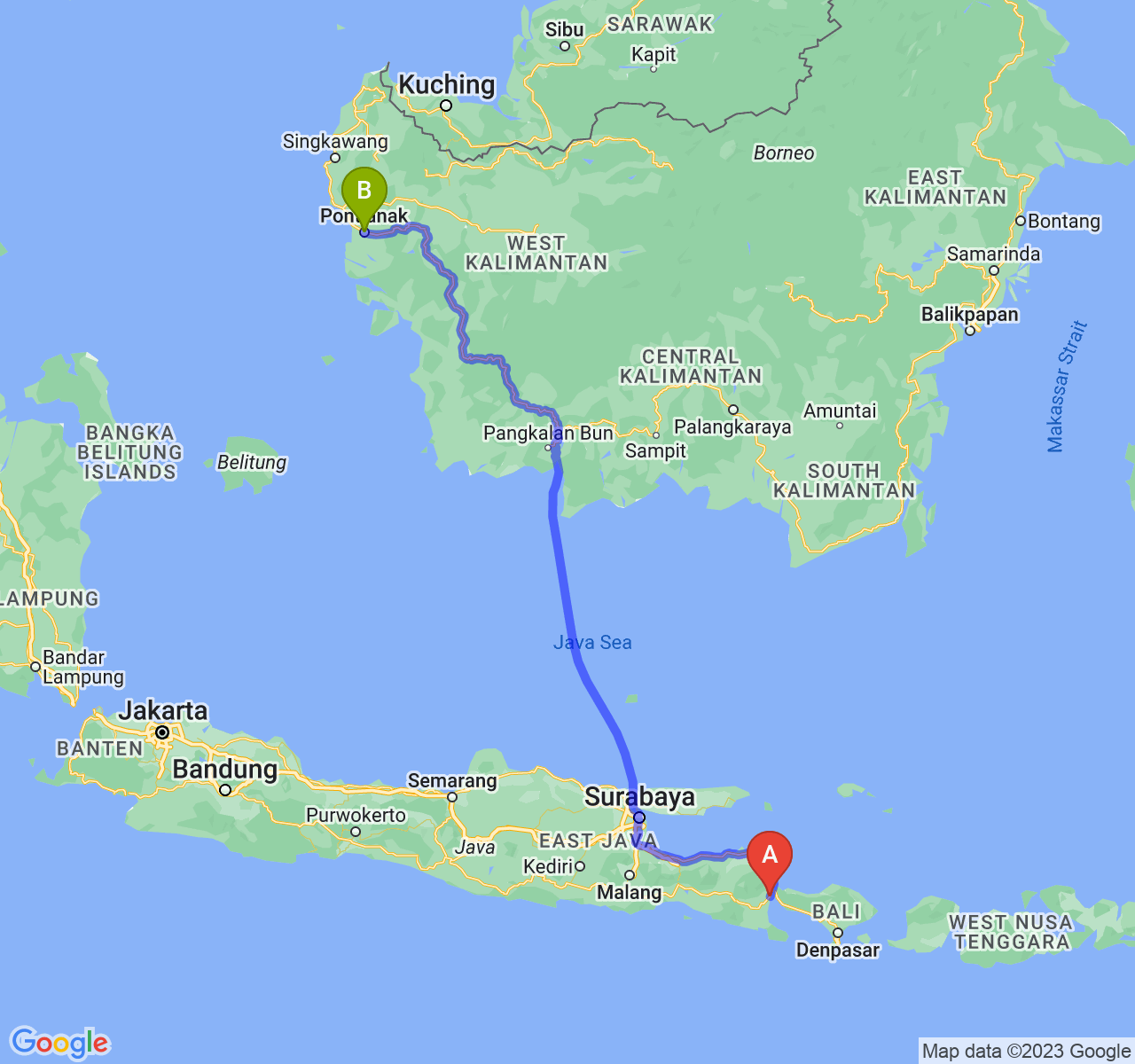 rute perjalanan Kab. Banyuwangi-Kota Pontianak