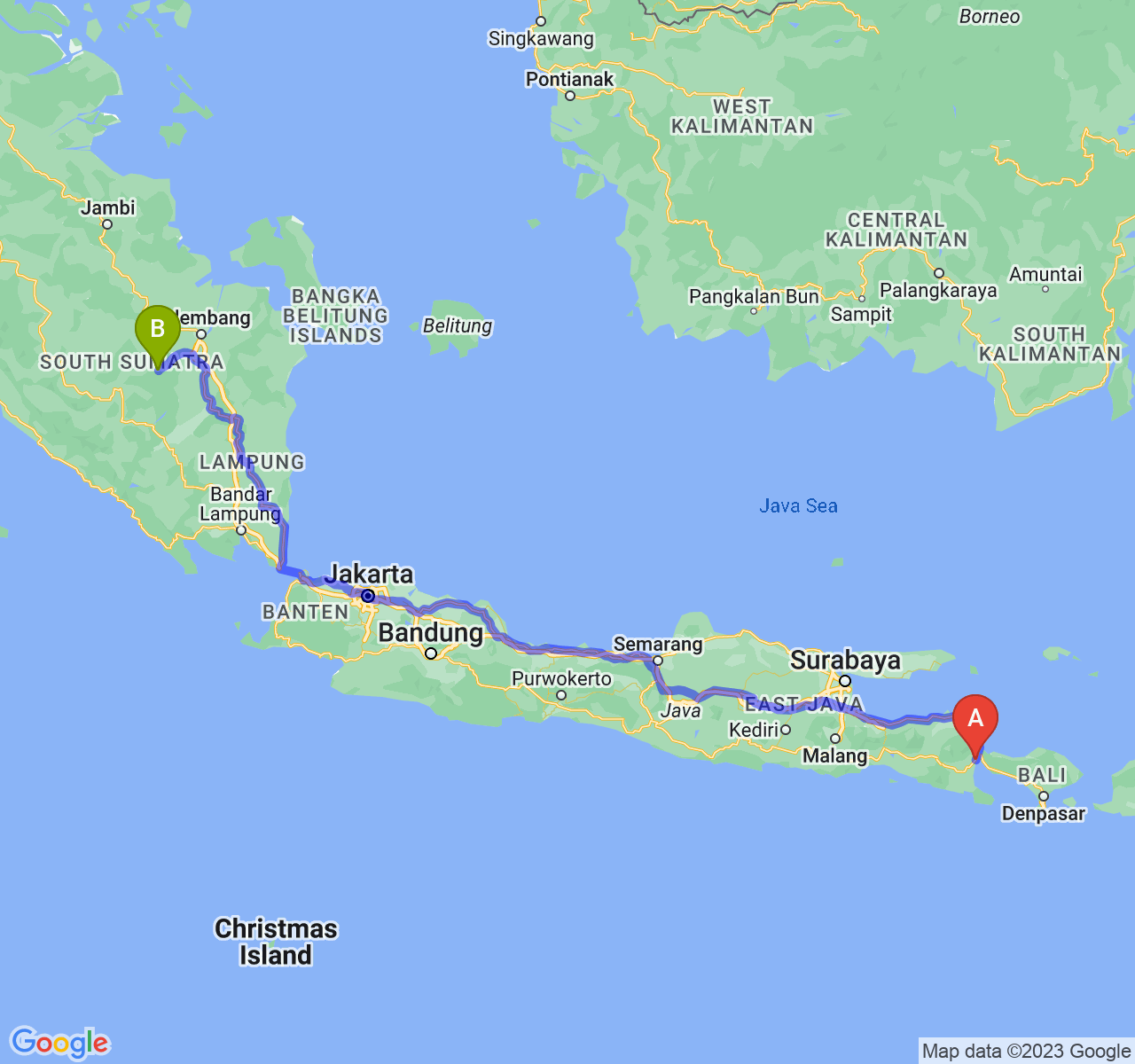 rute perjalanan Kab. Banyuwangi-Kota Prabumulih