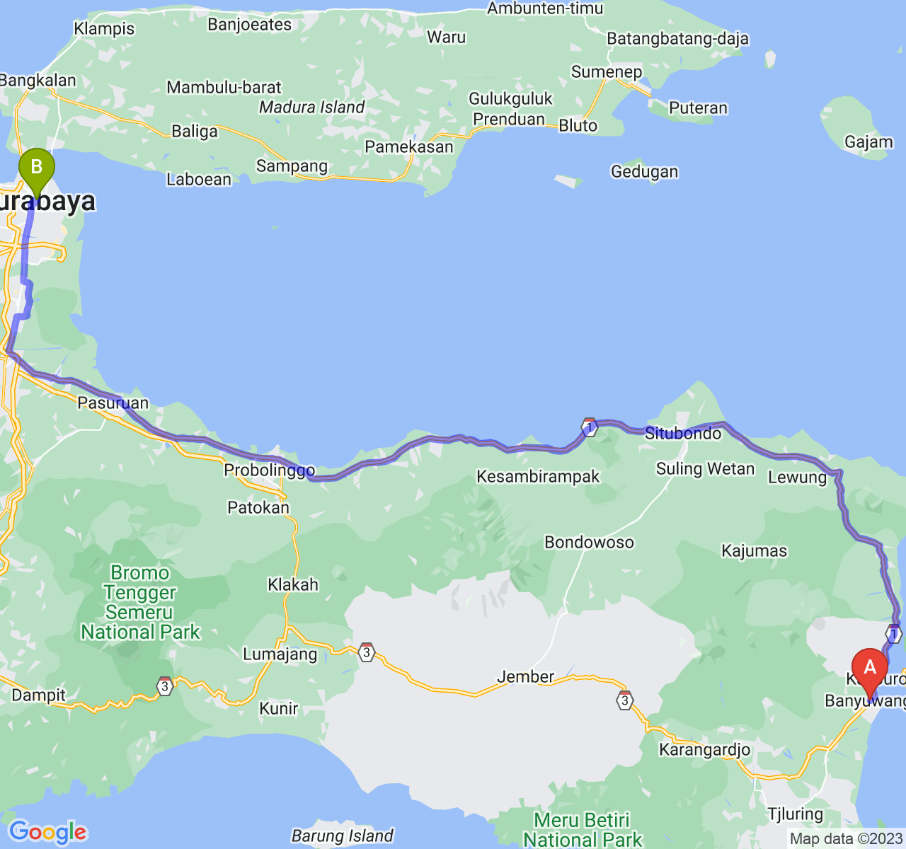 rute perjalanan Kab. Banyuwangi-Kota Surabaya