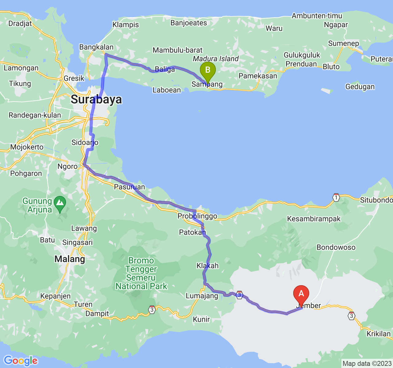 rute perjalanan Kab. Jember-Kab. Sampang