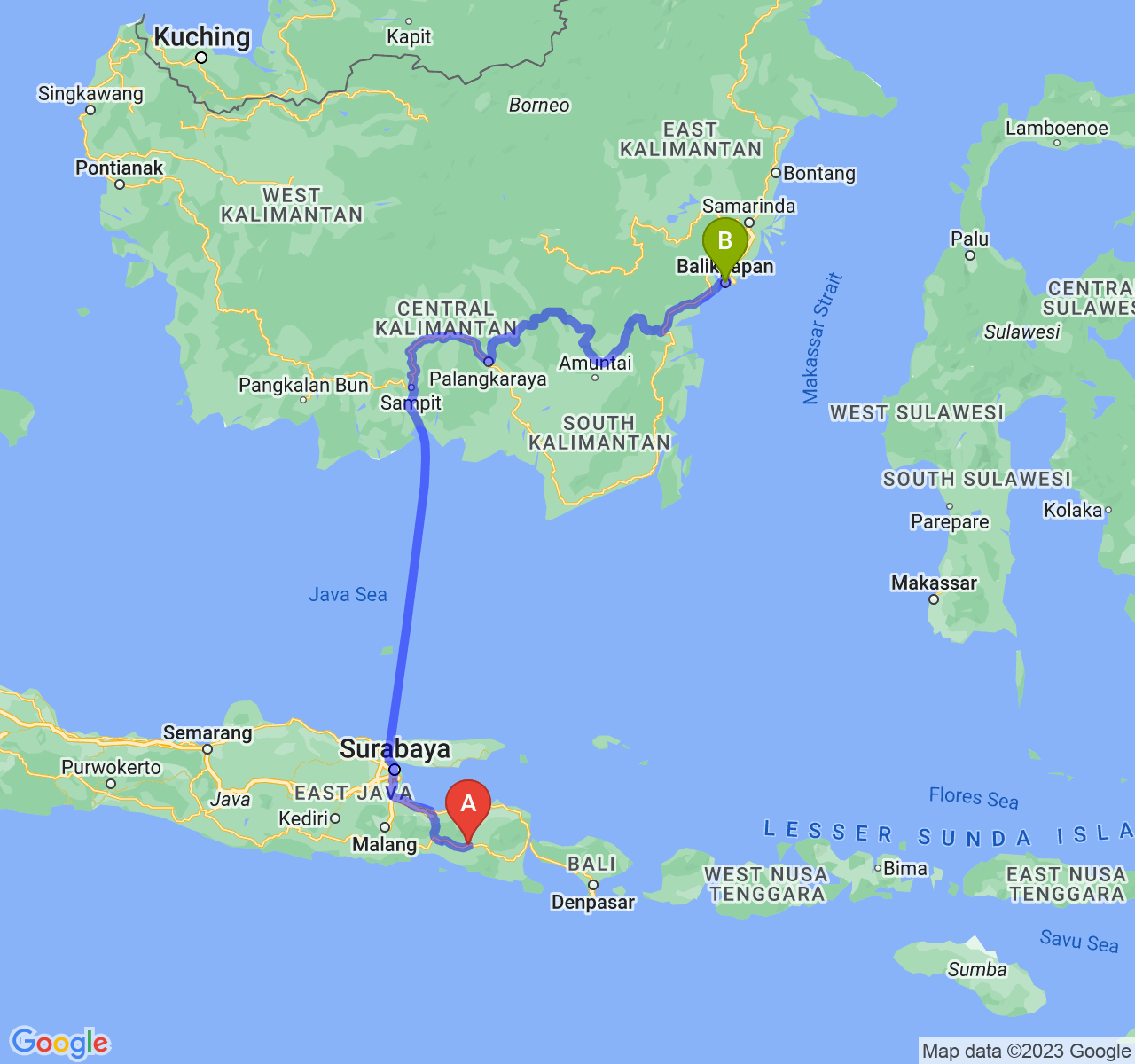 rute perjalanan Kab. Jember-Kota Balikpapan