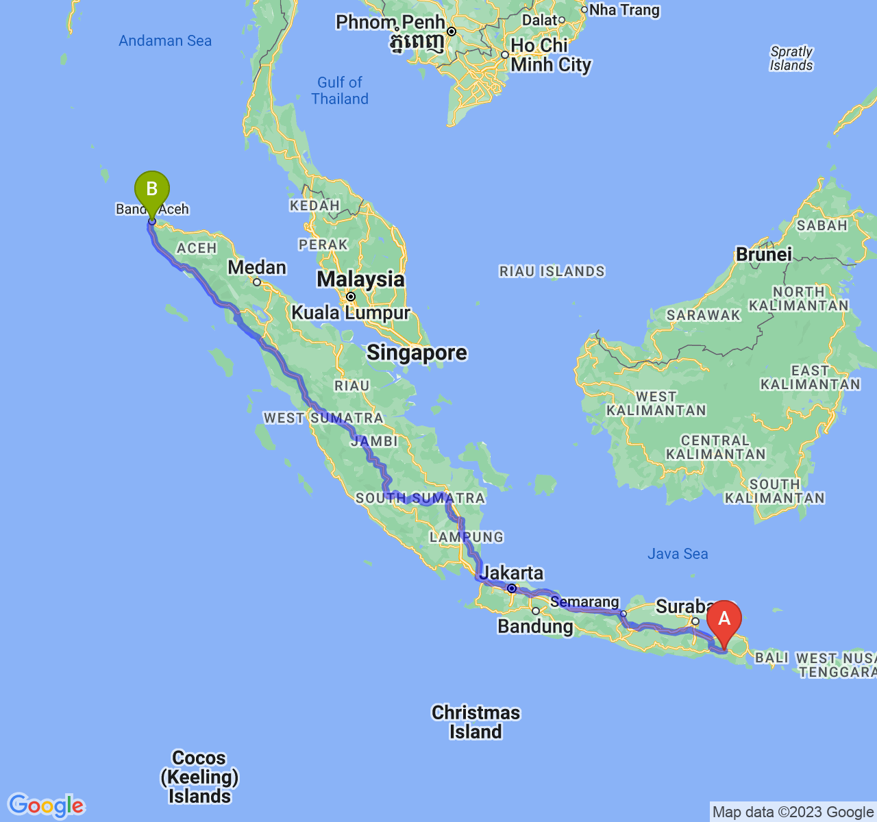 rute perjalanan Kab. Jember-Kota Banda Aceh