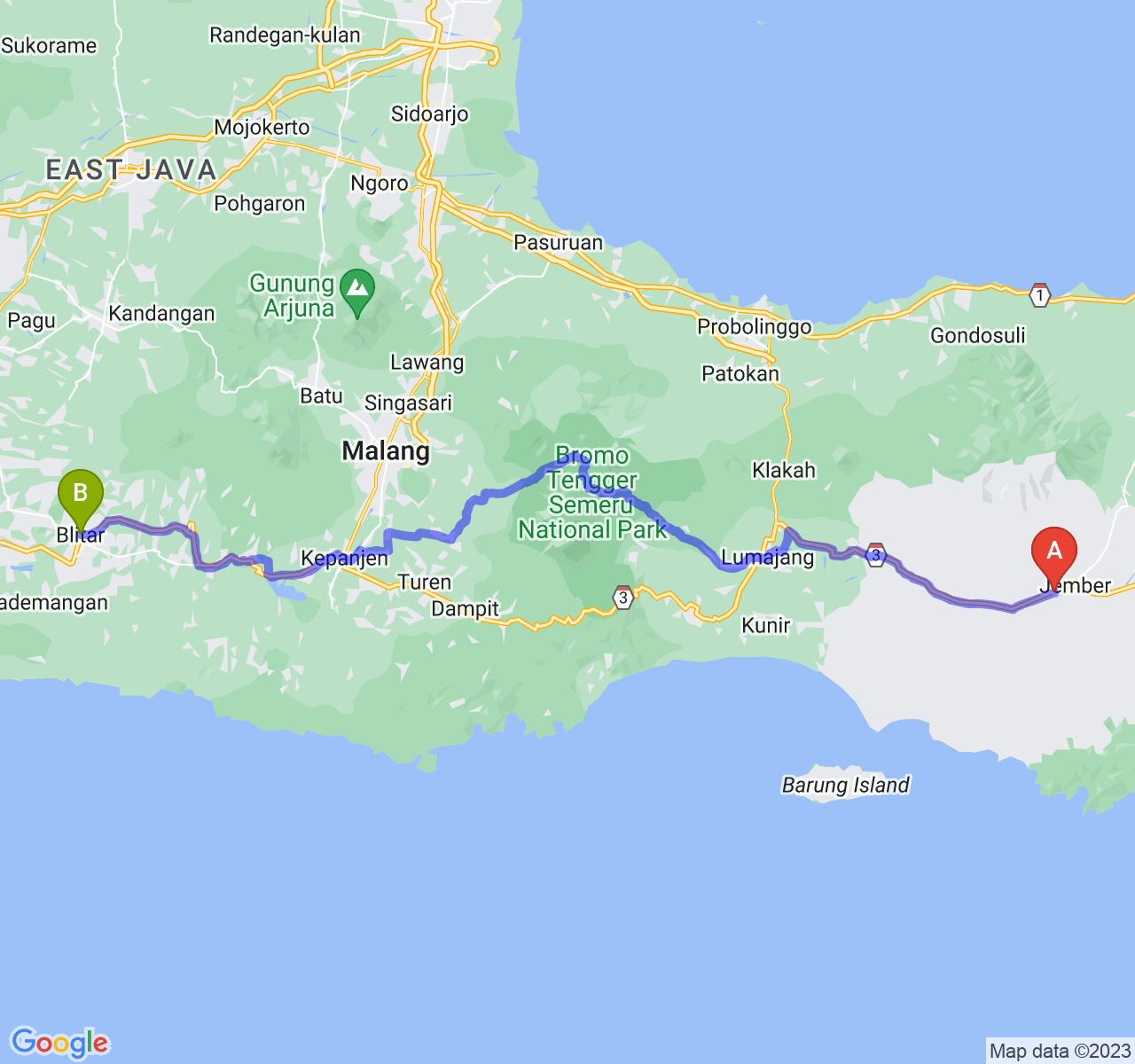 rute perjalanan Kab. Jember-Kota Blitar