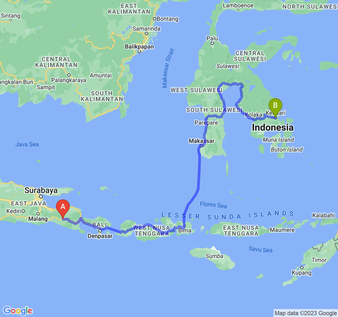 rute perjalanan Kab. Jember-Kota Kendari