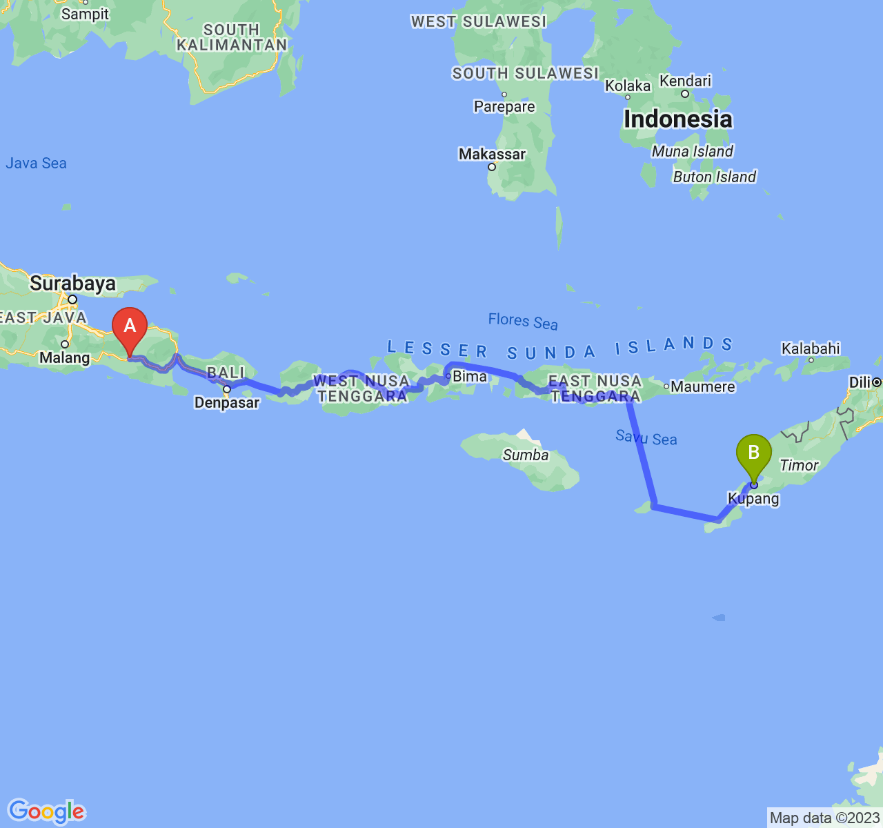 rute perjalanan Kab. Jember-Kota Kupang