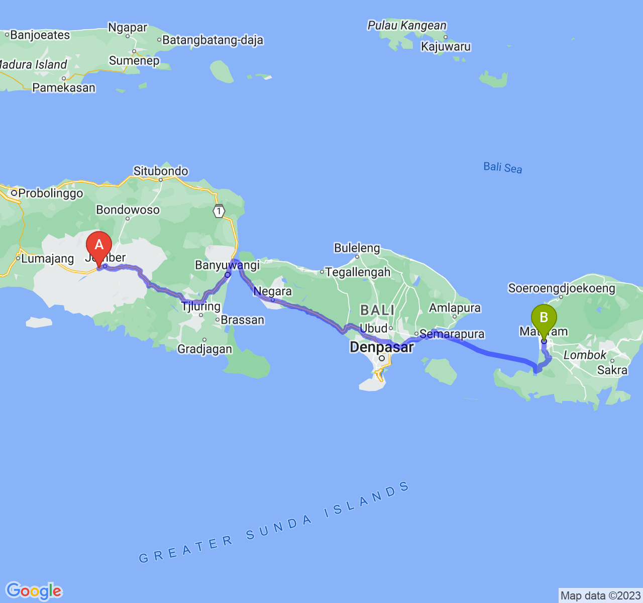 rute perjalanan Kab. Jember-Kota Mataram