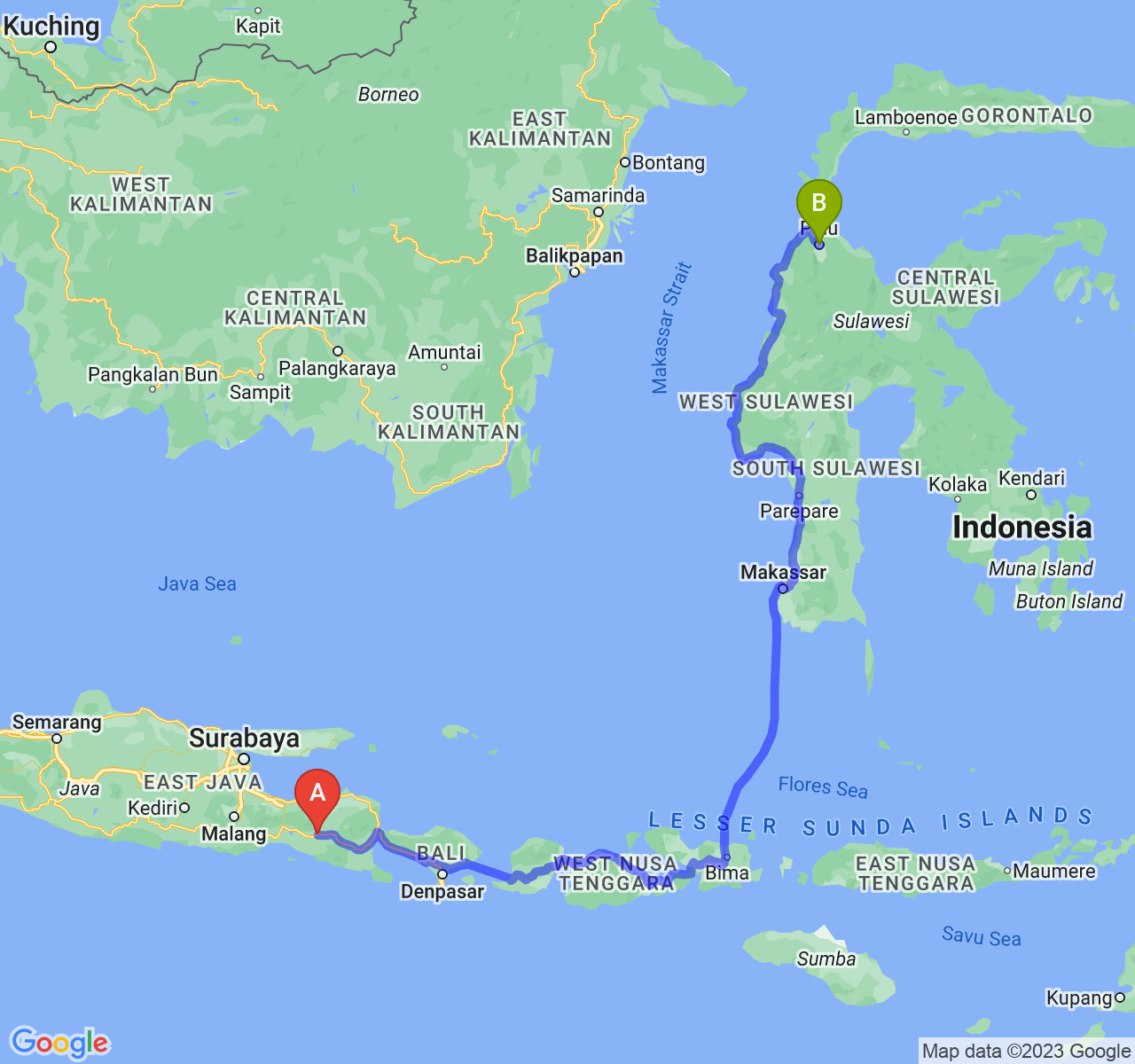 rute perjalanan Kab. Jember-Kota Palu