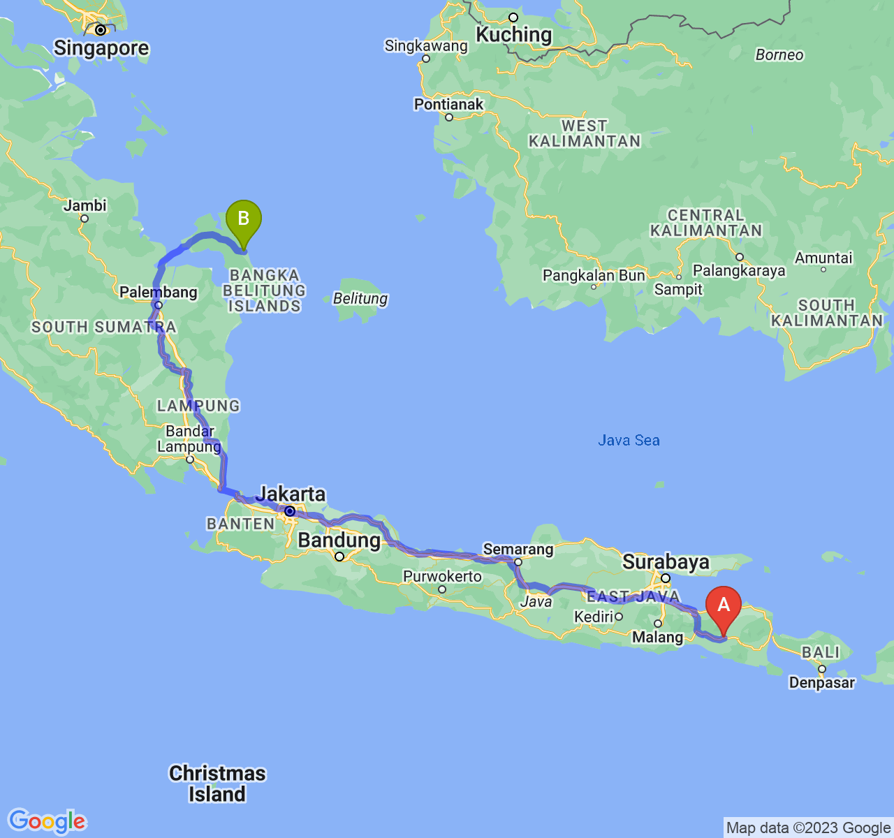 rute perjalanan Kab. Jember-Kota Pangkalpinang