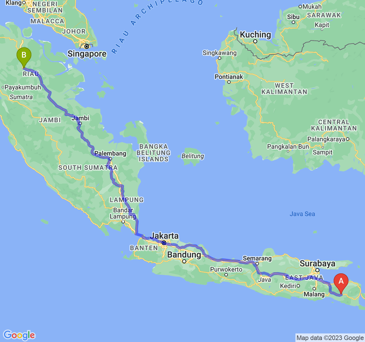 rute perjalanan Kab. Jember-Kota Pekanbaru