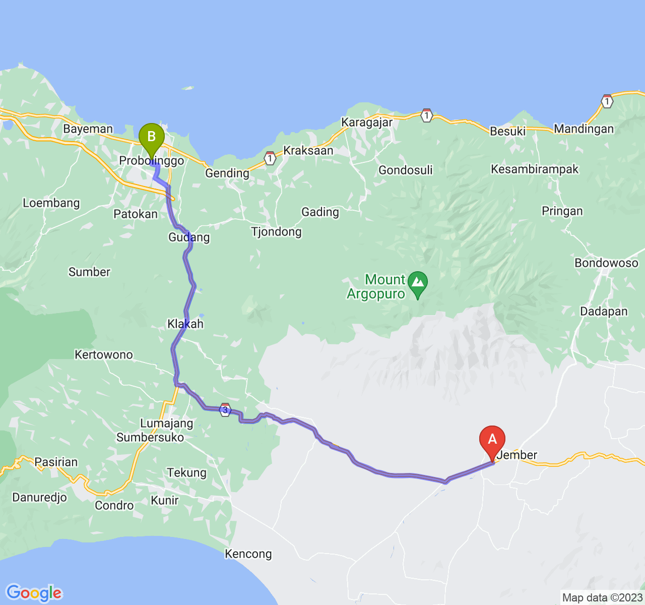 rute perjalanan Kab. Jember-Kota Probolinggo