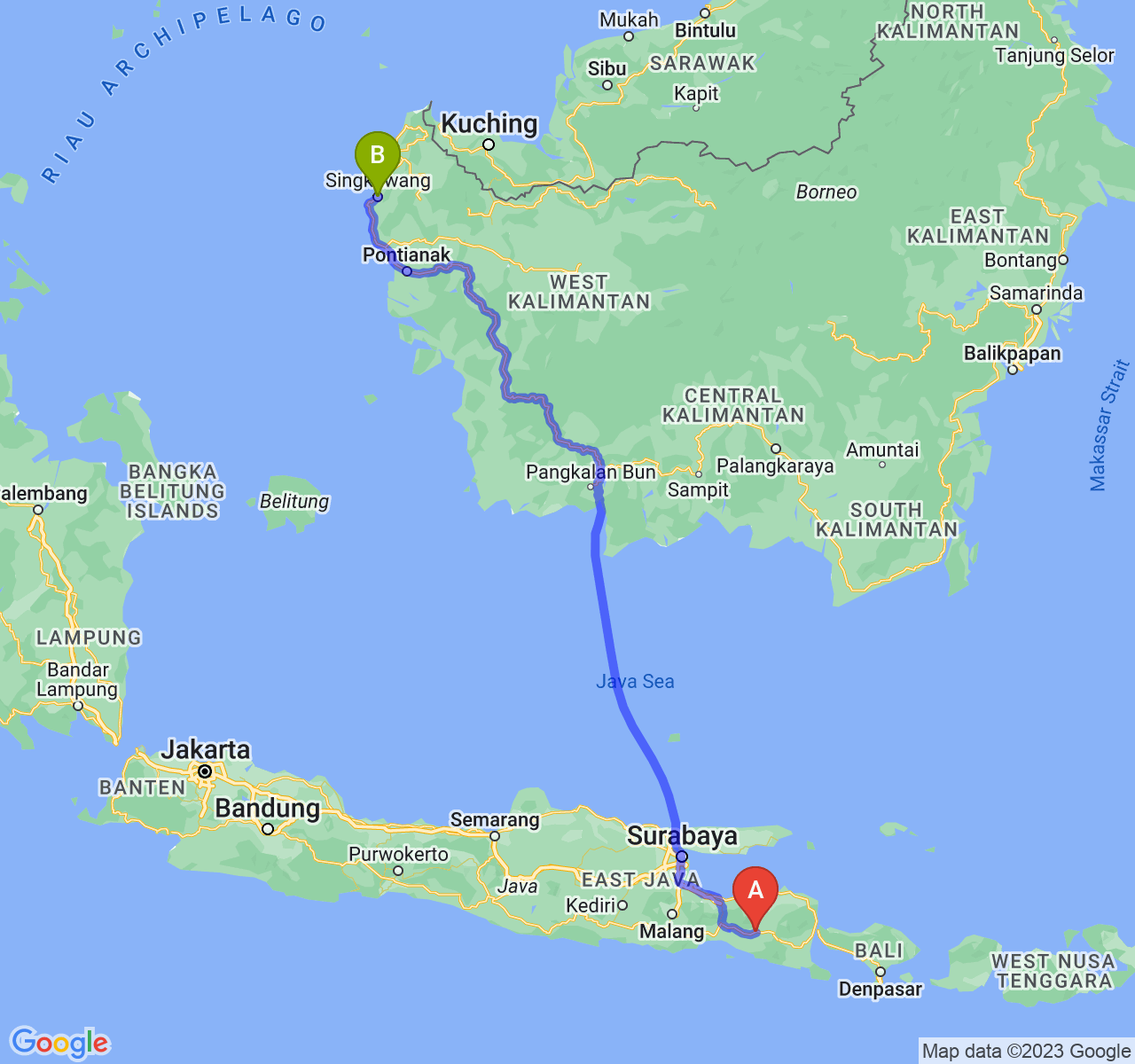 rute perjalanan Kab. Jember-Kota Singkawang