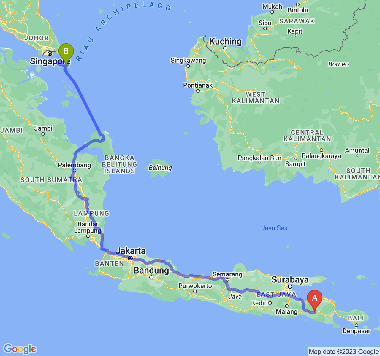 rute perjalanan Kab. Jember-Kota Tanjungpinang