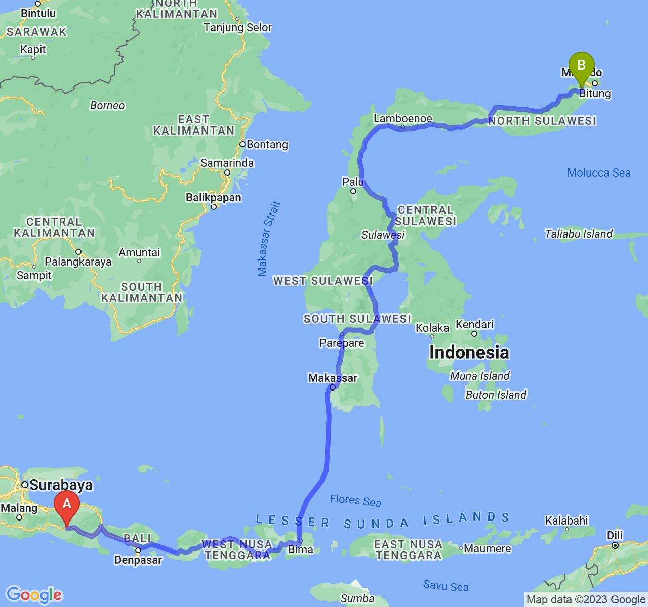 rute perjalanan Kab. Jember-Kota Tomohon