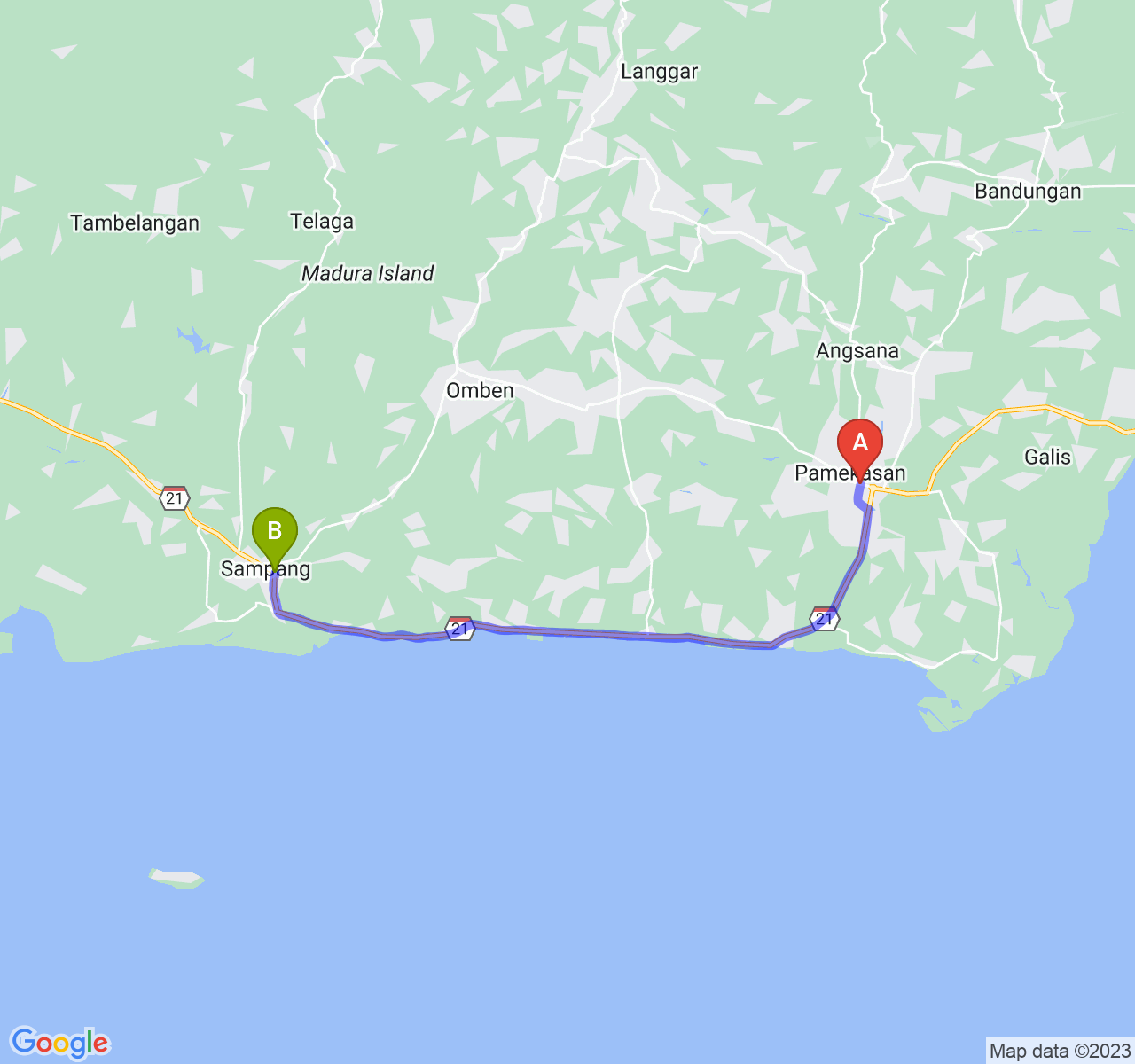 rute perjalanan Kab. Pamekasan-Kab. Sampang