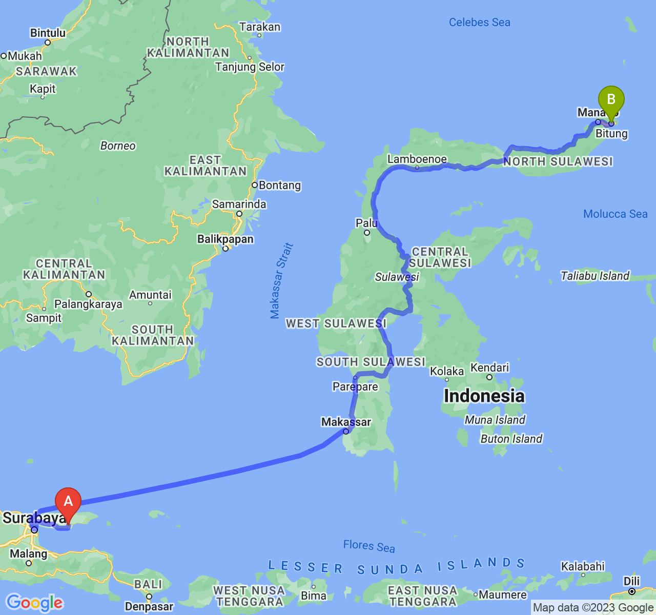 rute perjalanan Kab. Pamekasan-Kota Bitung