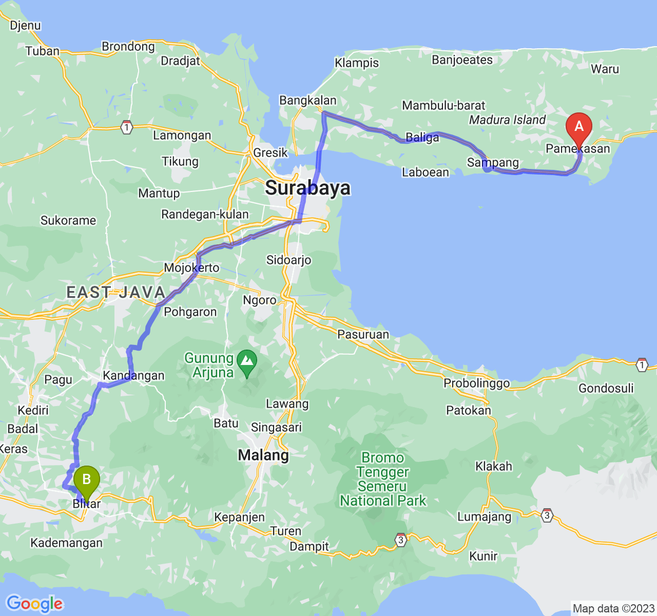 rute perjalanan Kab. Pamekasan-Kota Blitar