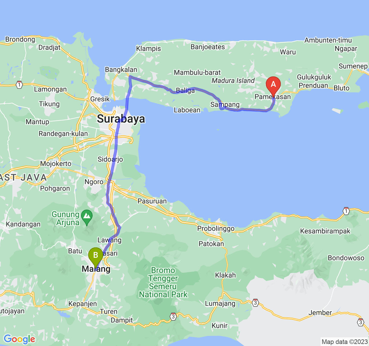 rute perjalanan Kab. Pamekasan-Kota Malang