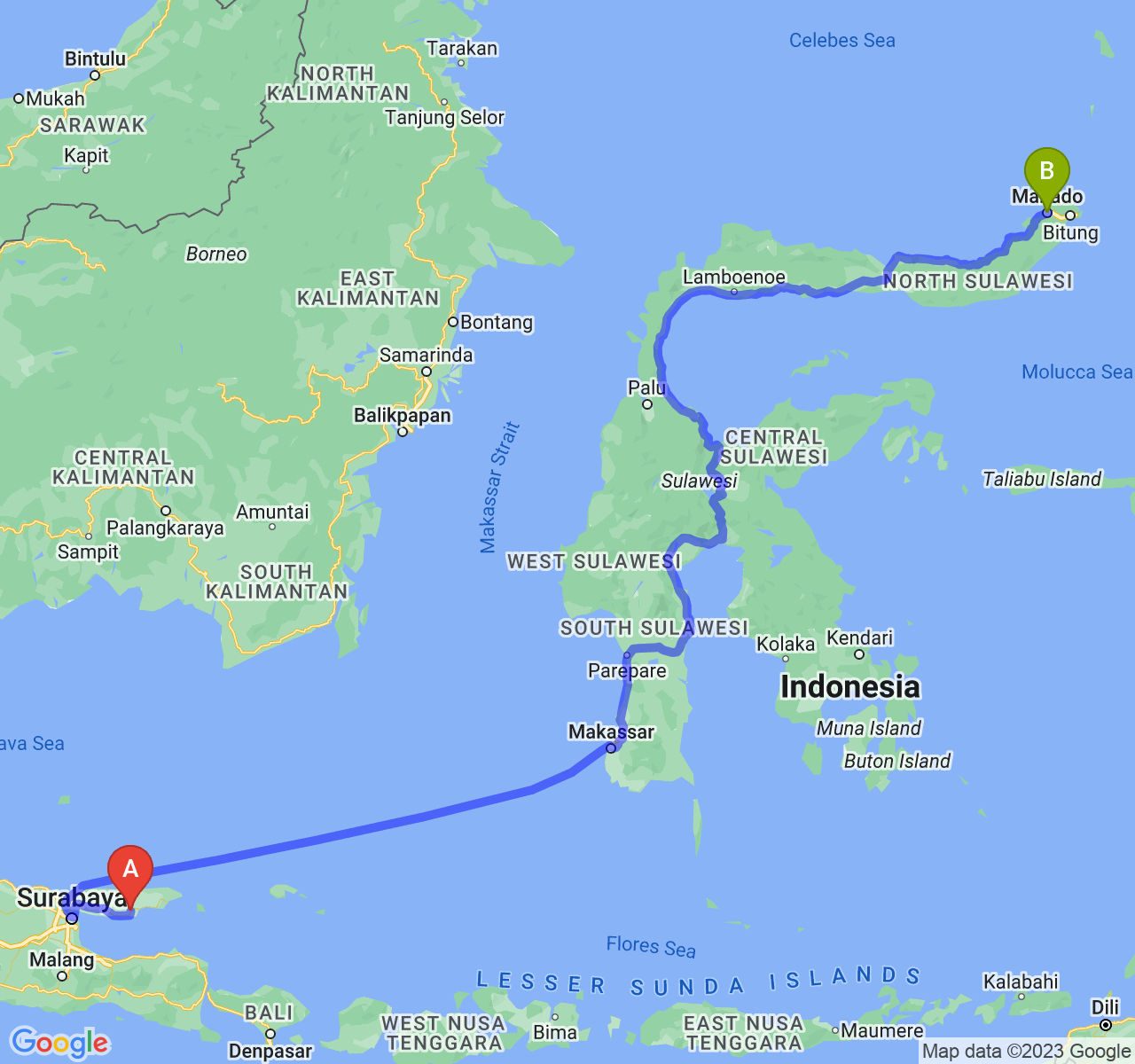 rute perjalanan Kab. Pamekasan-Kota Manado