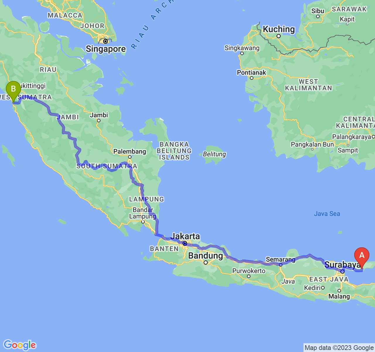 rute perjalanan Kab. Pamekasan-Kota Padang