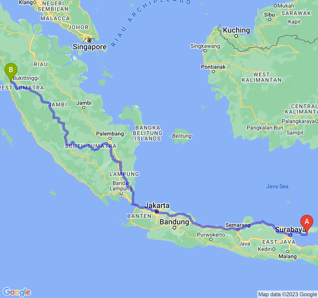 rute perjalanan Kab. Pamekasan-Kota Padang Panjang