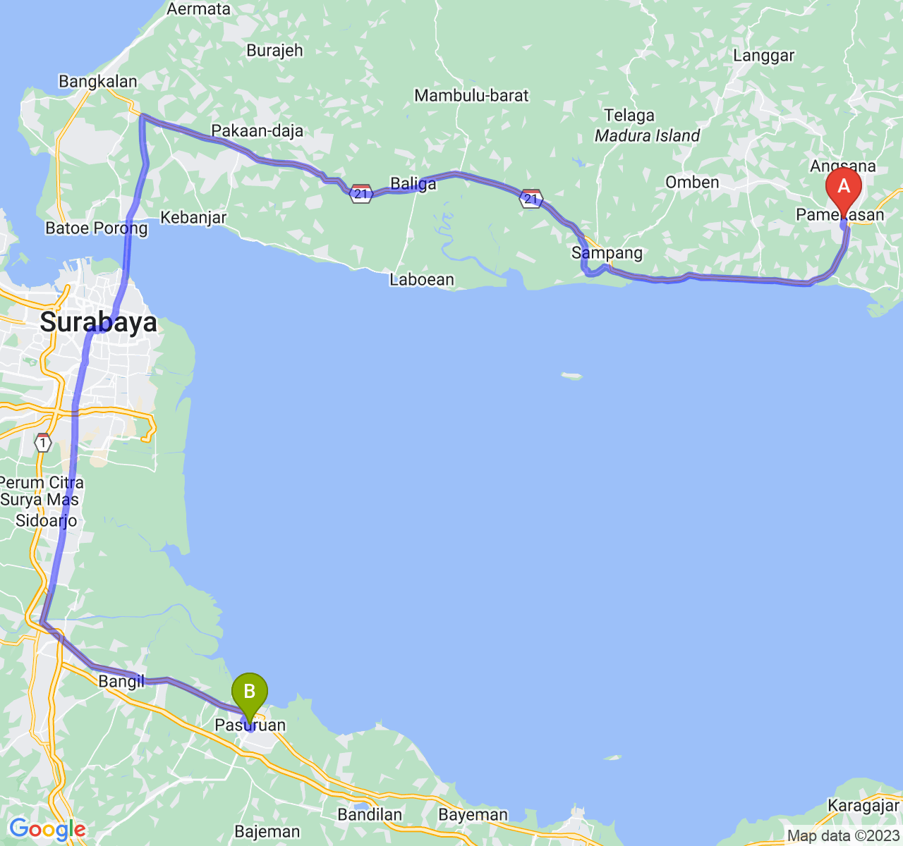 rute perjalanan Kab. Pamekasan-Kota Pasuruan