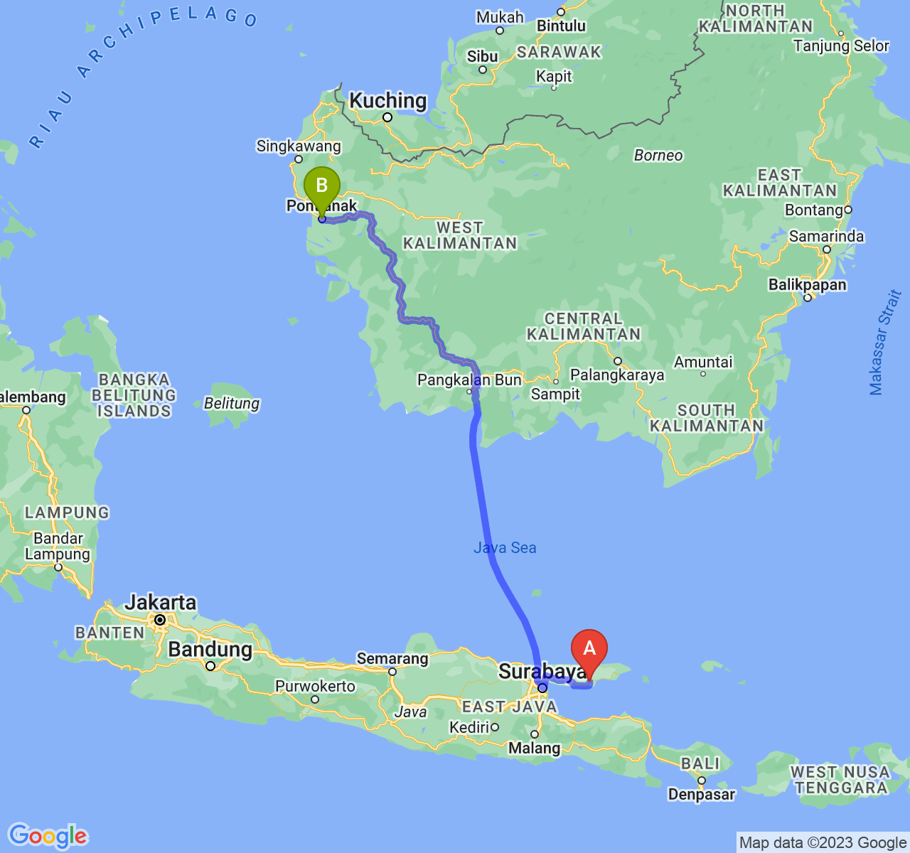 rute perjalanan Kab. Pamekasan-Kota Pontianak