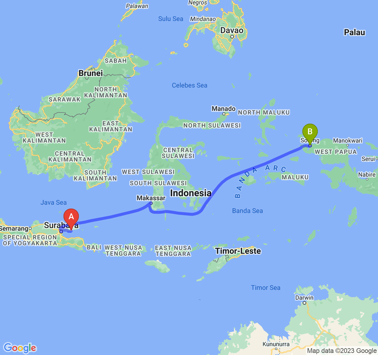 rute perjalanan Kab. Pamekasan-Kota Sorong