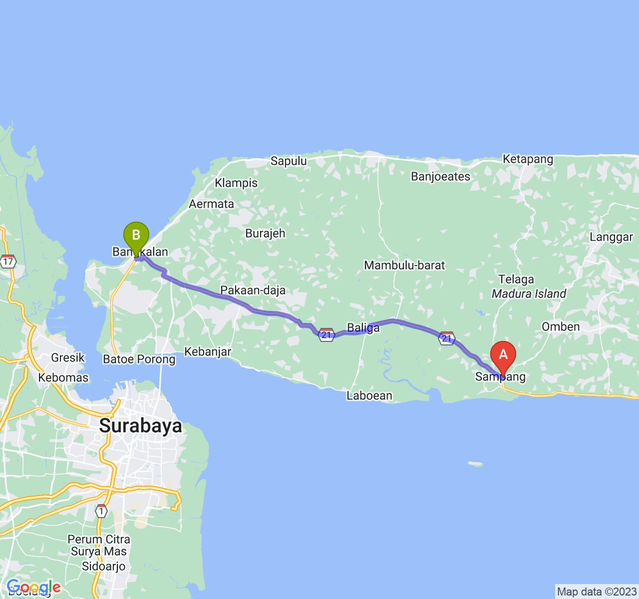 rute perjalanan Kab. Sampang-Kab. Bangkalan