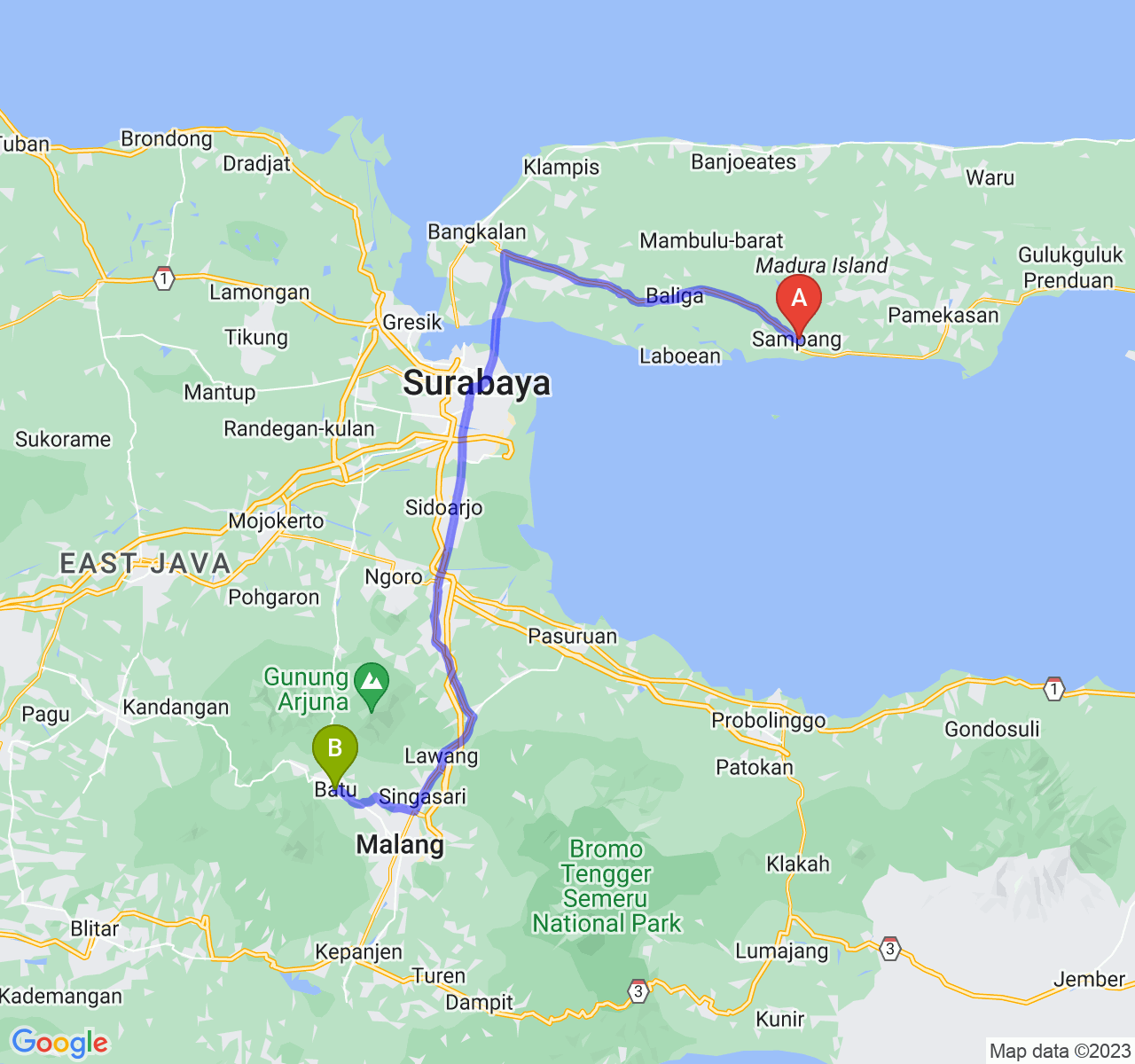 rute perjalanan Kab. Sampang-Kota Batu