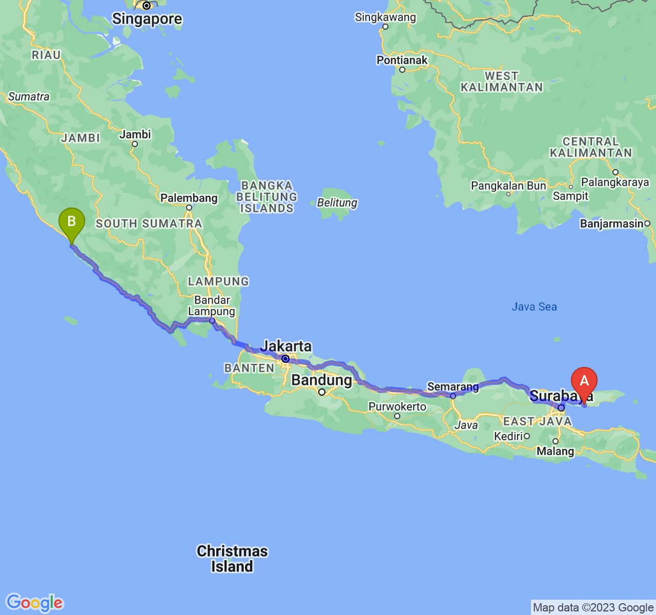 rute perjalanan Kab. Sampang-Kota Bengkulu