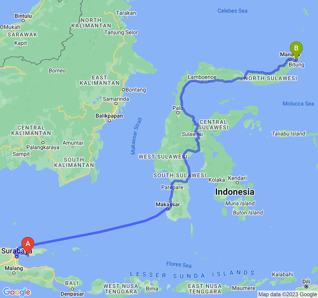 rute perjalanan Kab. Sampang-Kota Bitung