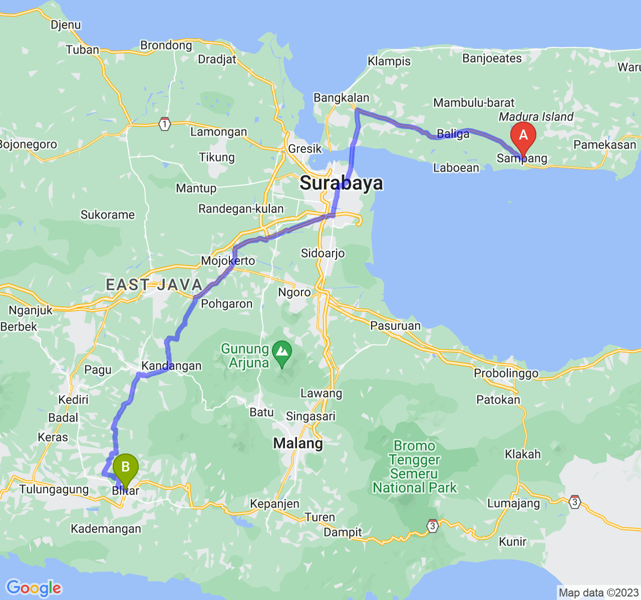 rute perjalanan Kab. Sampang-Kota Blitar