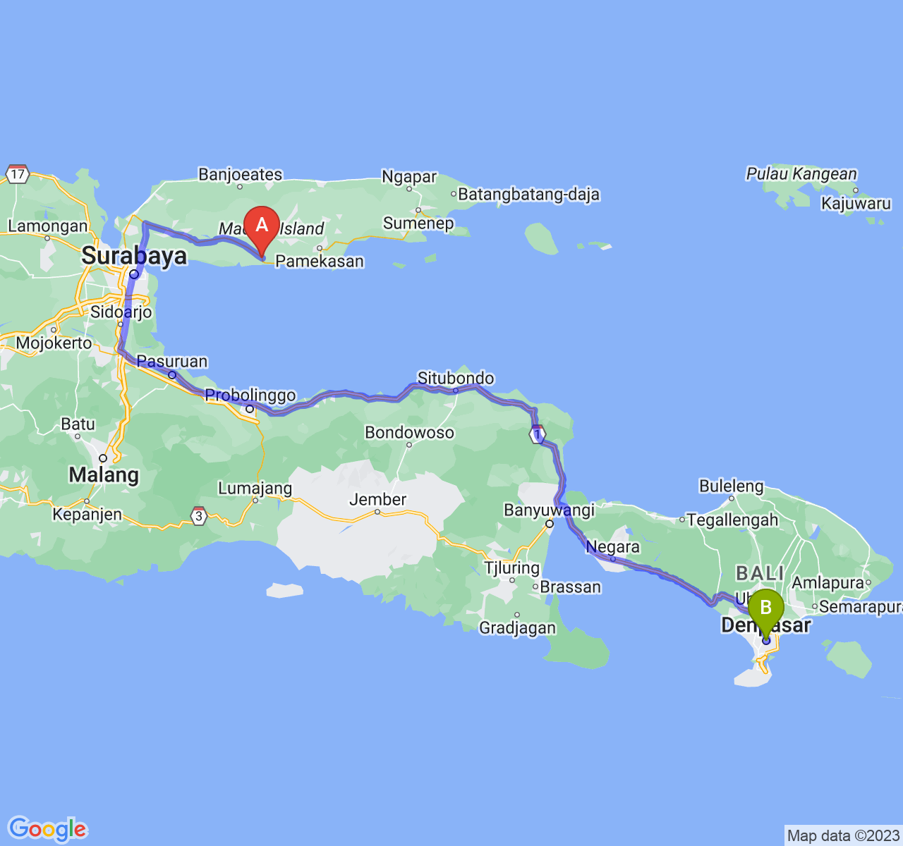 rute perjalanan Kab. Sampang-Kota Denpasar