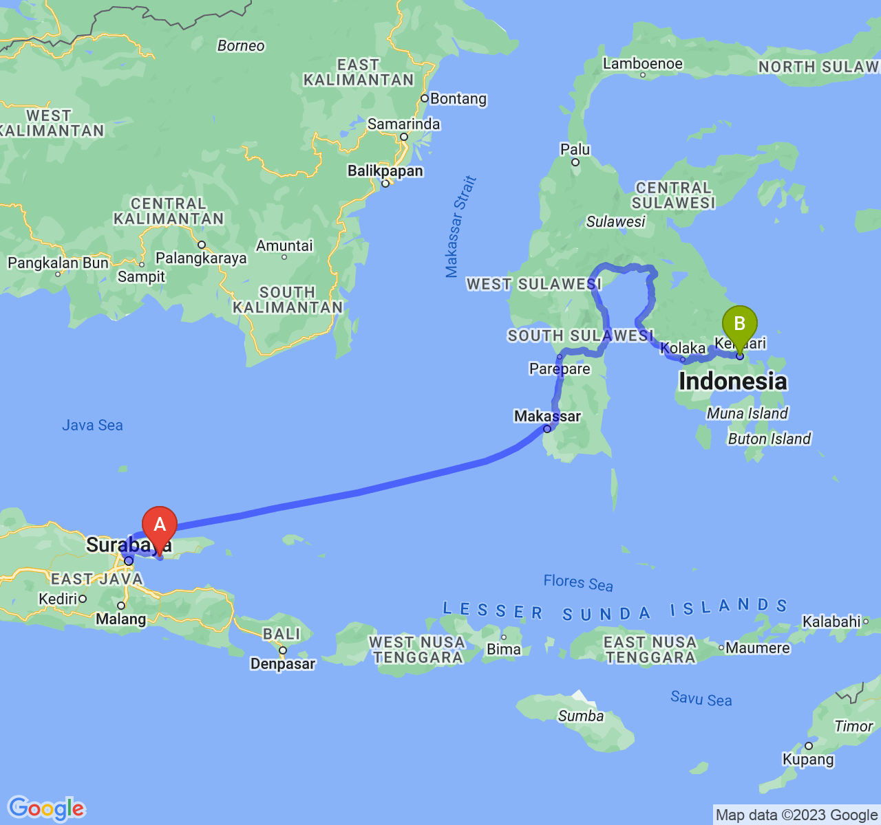 rute perjalanan Kab. Sampang-Kota Kendari