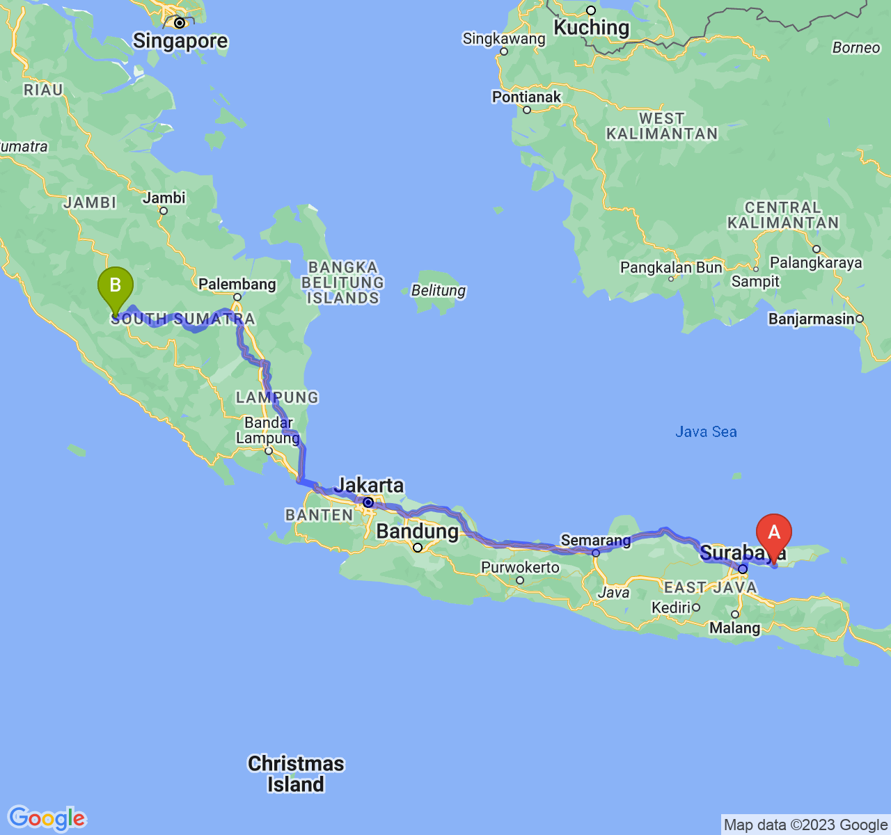 rute perjalanan Kab. Sampang-Kota Lubuk Linggau