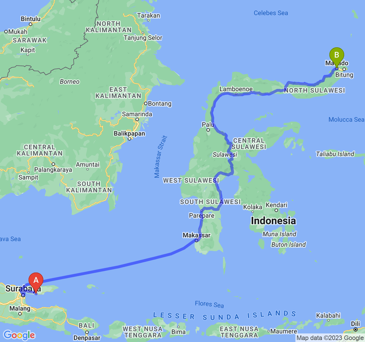 rute perjalanan Kab. Sampang-Kota Manado