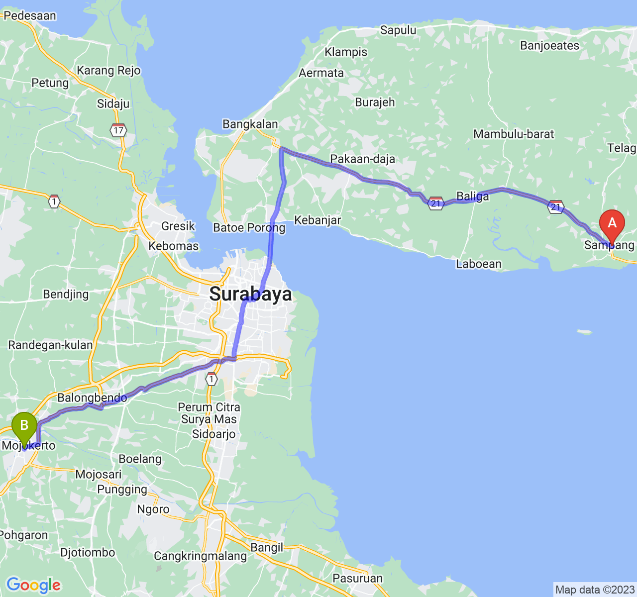 rute perjalanan Kab. Sampang-Kota Mojokerto