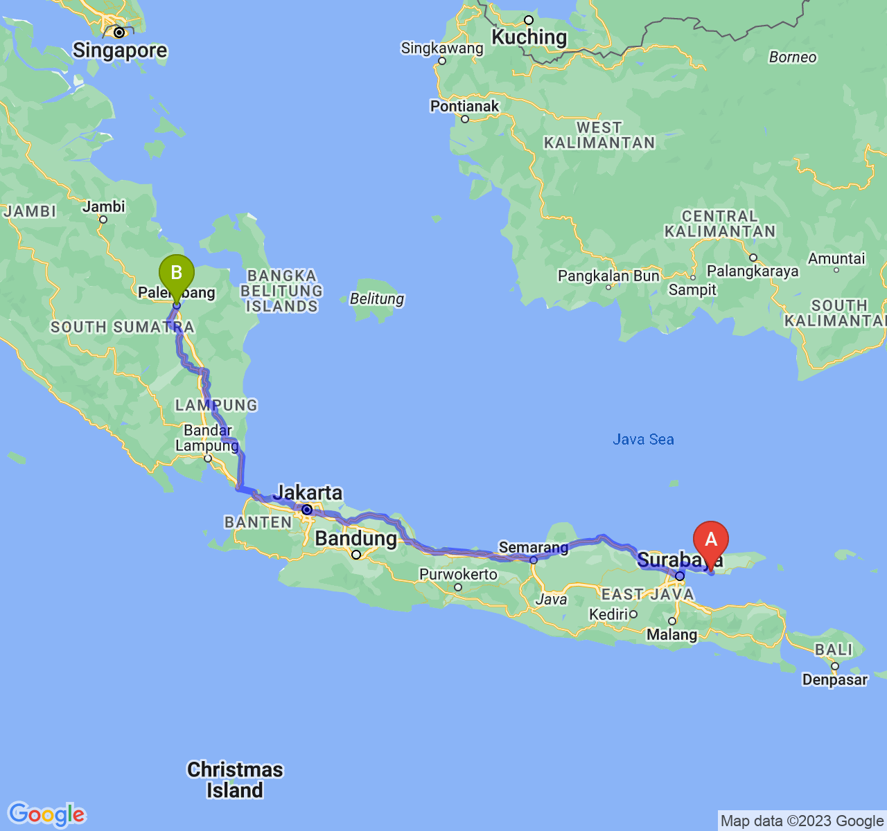 rute perjalanan Kab. Sampang-Kota Palembang